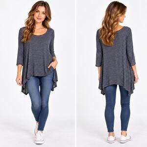 Postmark Anthropologie Womens XS Navy Striped Tunic Top Long Sleeve High Low
